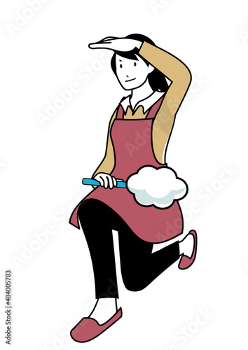 イラスト素材：はたきを片手にキメポーズをするエプロンの女性