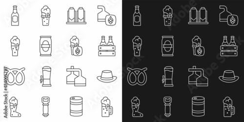 Set line Wooden beer mug, Oktoberfest hat, Pack of bottles, Beer brewing process, can, Glass, and icon. Vector