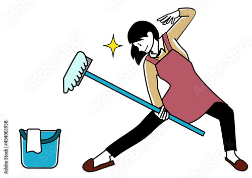 イラスト素材：水拭きモップを片手にバケツを見てキメポーズをするエプロンの女性