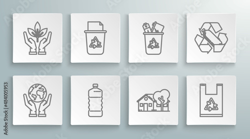 Set line Human hands holding Earth globe, Recycle bin with recycle symbol, Plastic bottle, Eco friendly house, bag, Recycling plastic and Plant of environmental protection icon. Vector