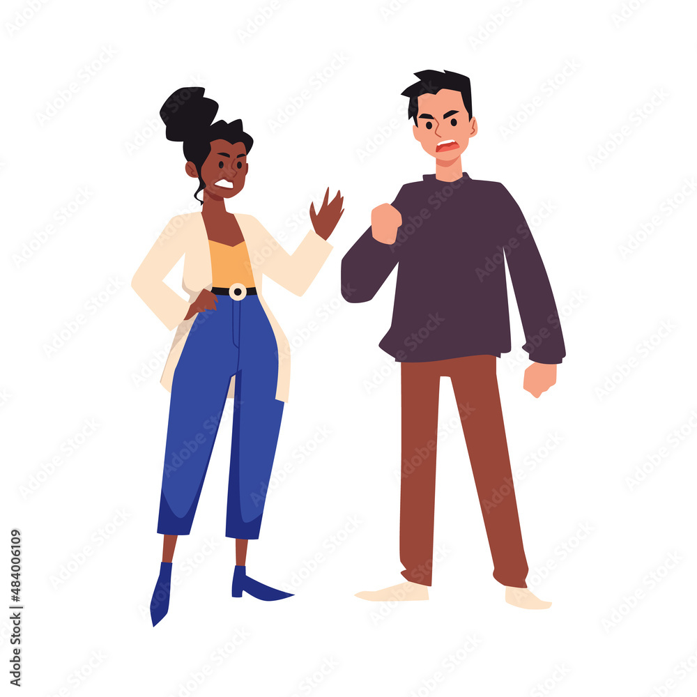 Angry man and woman misunderstand each other and arguing - flat vector illustration isolated on white background.