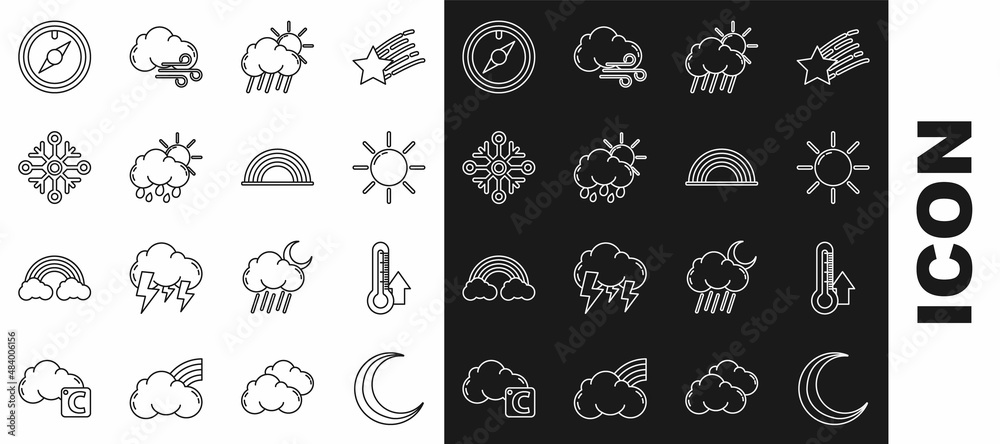 Set line Moon and stars, Thermometer, Sun, Cloud with rain sun, Snowflake, Wind rose and Rainbow clouds icon. Vector