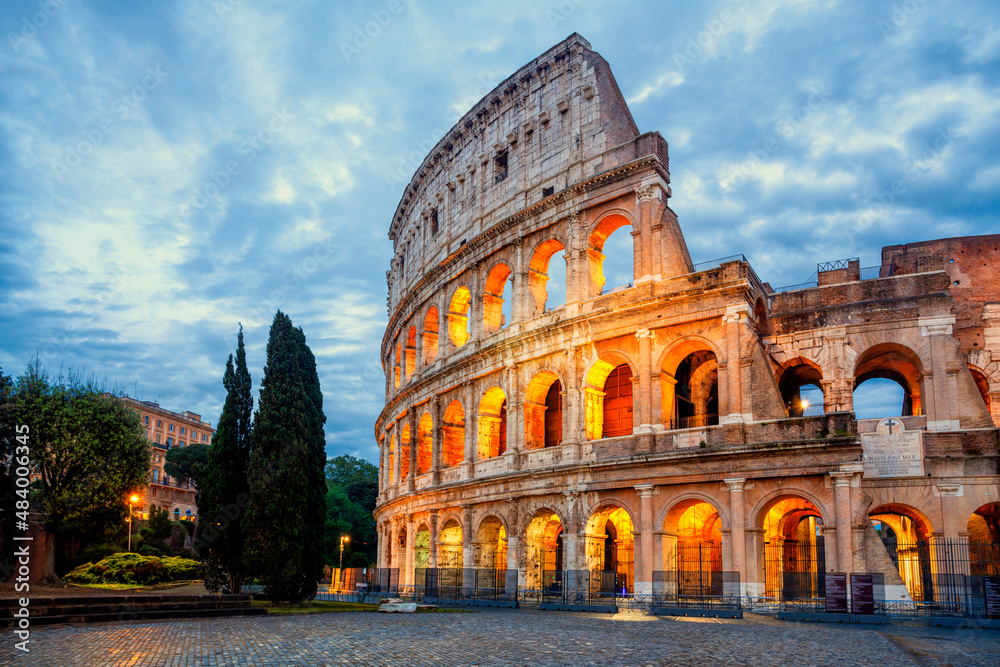 Colosseum morning in Rome, Italy. Colosseum is one of the main attractions of Rome. Rome architecture and landmark.