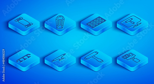 Set line Longboard or skateboard, Skateboard deck, wheel, T tool, stairs with rail and Action camera icon. Vector