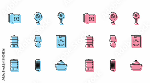 Set line Double boiler, Stereo speaker, Telephone, Citrus fruit juicer, Table lamp, Washer, and Web camera icon. Vector