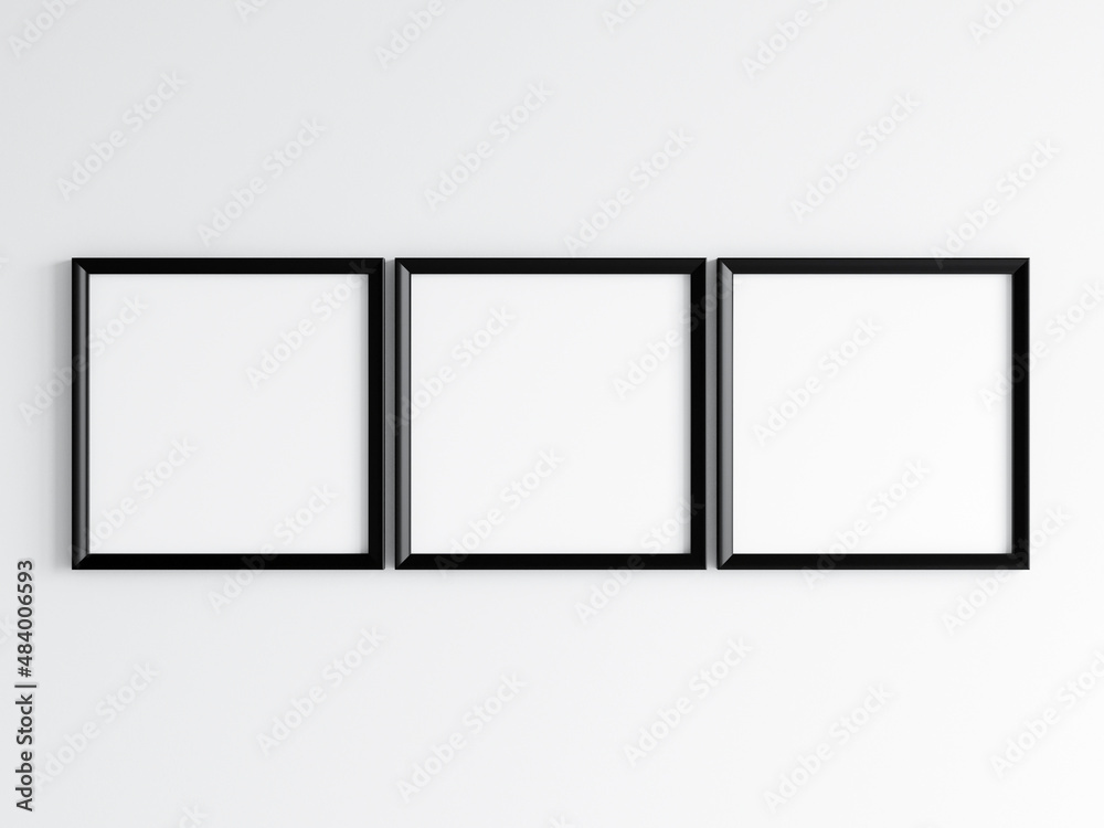 Three square black frames on the wall, poster mockup, print mockup, 3d render Three square black frames on the wall, poster mockup, print mockup, 3d render