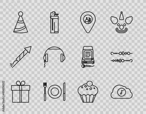 Set line Gift box, Music streaming service, Alcohol or beer bar location, Plate, fork and knife, Party hat, Headphones, Muffin and Grilled shish kebab icon. Vector