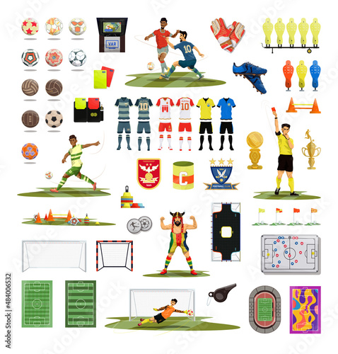 Collection of colorful detailed illustrations with football players and football attributes.