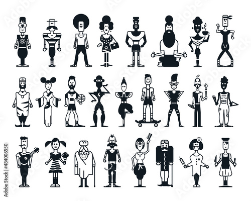 Collection of geometric people of various professions and social groups. Monochrome characters in an unusual design.
