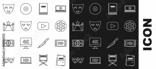 Set line Scenario, 4k movie, tape, frame, Film reel, Drama theatrical mask, Carpet with barriers and star, Comedy and Play icon. Vector