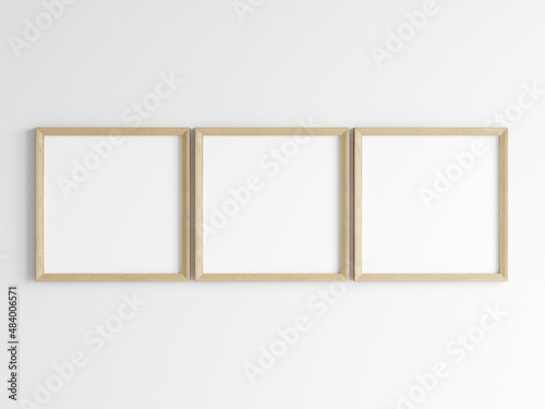 Three square wooden frames on the wall, poster mockup, print mockup, 3d render