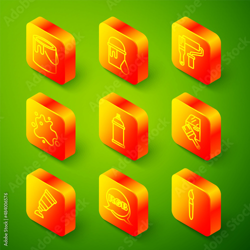 Set line Paint bucket, roller brush, spray, can, Car painting, Tube with palette and RGB icon. Vector