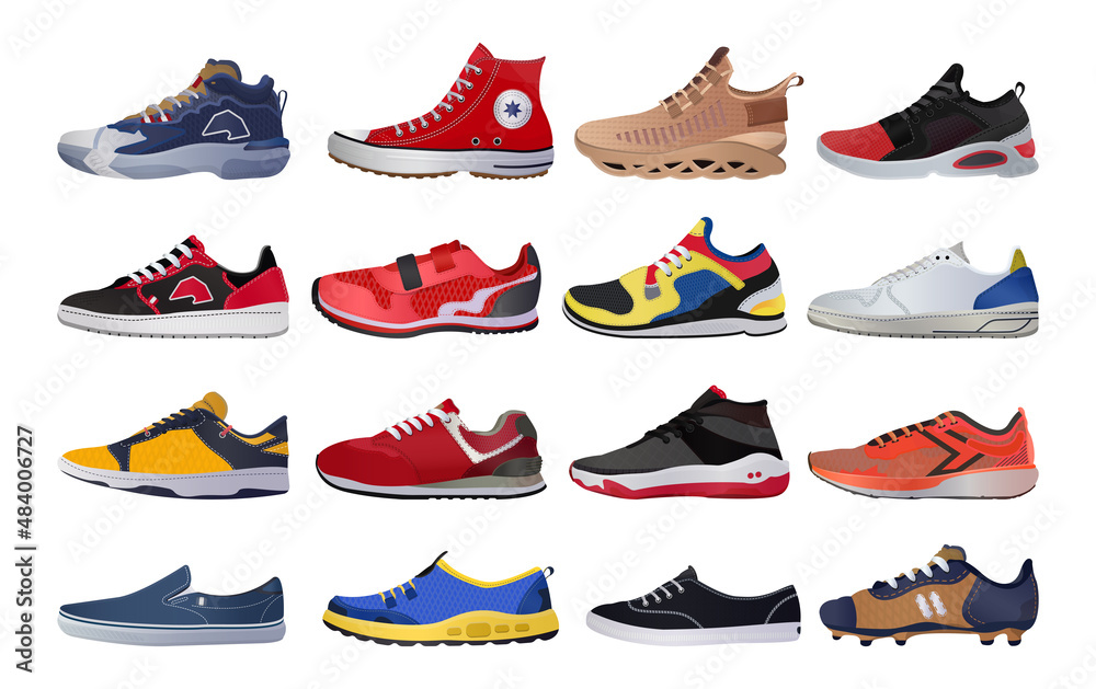 Collection of realistic sneakers of different types. Sports shoes in ...