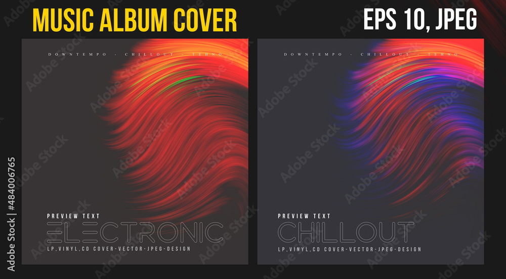 Music Album Cover. Abstract Vector Design of CD Cover and Vinyl Record. Picture Matte Album Cover Art Templates. Futuristic Color Visual Neon Elements . Vintage Retro and Texture. Stock Vector