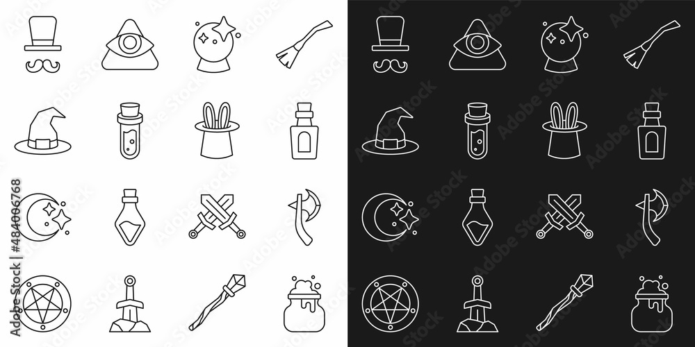 Set line Witch cauldron, Wooden axe, Bottle with potion, Magic ball, hat, Magician and and rabbit ears icon. Vector