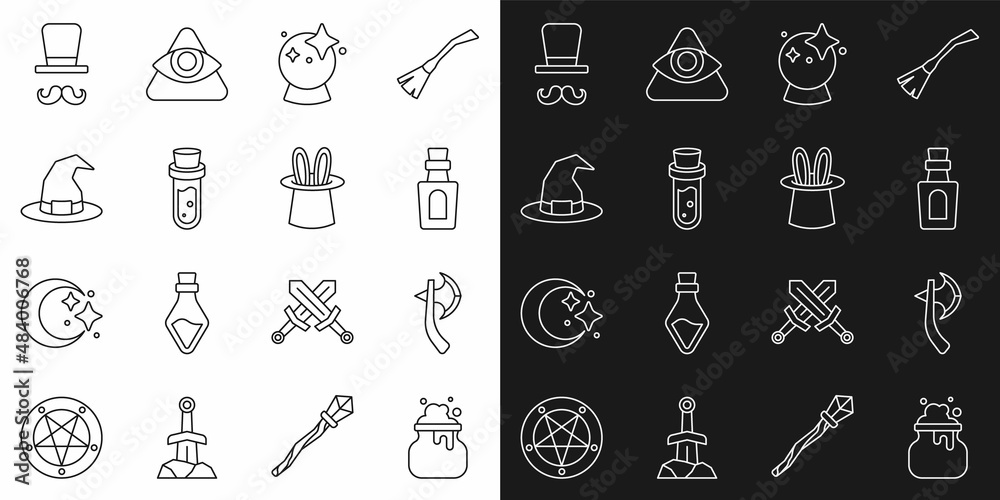 Set line Witch cauldron, Wooden axe, Bottle with potion, Magic ball, hat, Magician and and rabbit ears icon. Vector Set line Witch cauldron, Wooden axe, Bottle with potion, Magic ball, hat, Magician and and rabbit ears icon. Vector