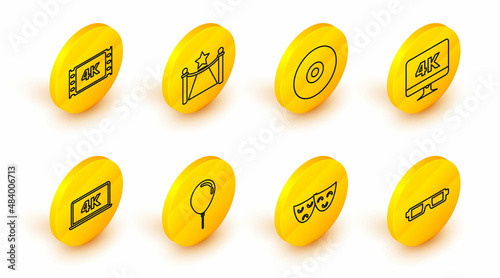 Set line 3D cinema glasses, Balloon with ribbon, Laptop screen 4k video technology, Computer PC monitor, CD DVD disk, Carpet barriers star and movie, tape, frame icon. Vector
