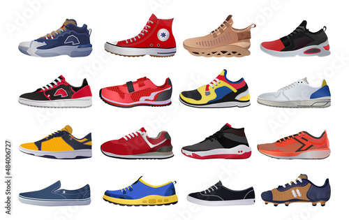 Collection of realistic sneakers of different types. Sports shoes in detailed style. photo