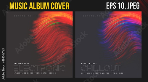 Music Album Cover. Abstract Vector Design of CD Cover and Vinyl Record. Picture Vinyl. Matte Album Cover Art Templates. Futuristic  Color Visual Neon Elements . Vintage Retro Background and Texture.	