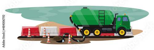 Detailed sewer service illustration. Flushing of the sewer channel.