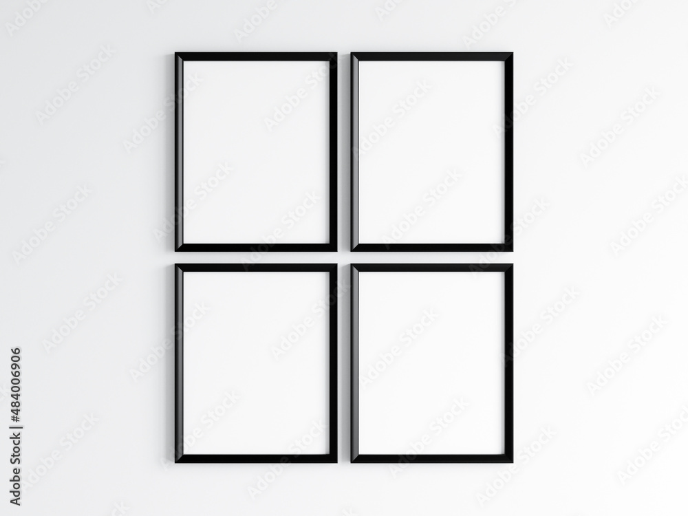Four black frames on the wall, poster mockup, 3d render Four black frames on the wall, poster mockup, 3d render