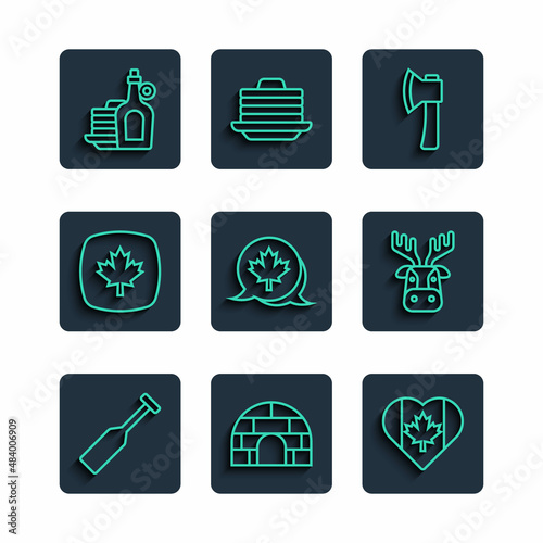 Set line Paddle, Igloo ice house, Heart shaped Canada flag, Wooden axe, Canadian maple leaf, Syrup with pancakes and Deer head antlers icon. Vector