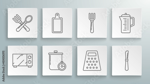 Set line Microwave oven, Cutting board, Cooking pot and kitchen timer, Grater, Knife, Fork, Teapot and Crossed fork spoon icon. Vector