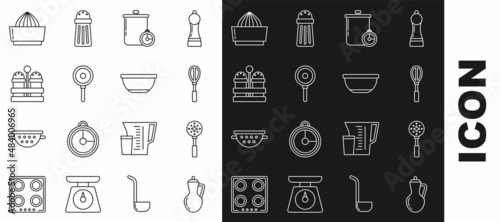 Set line Bottle of olive oil, Spatula, Kitchen whisk, Cooking pot and kitchen timer, Frying pan, Salt pepper, Citrus fruit juicer and Bowl icon. Vector