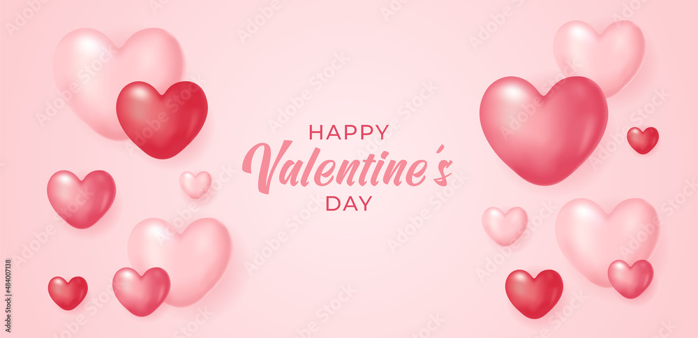 Banner for Valentine's day with 3d realistic hearts