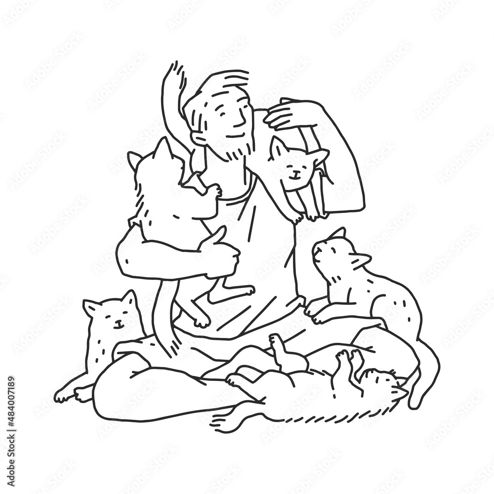 Fototapeta premium Man with a many cats pet. Doodle black white contour line illustration.