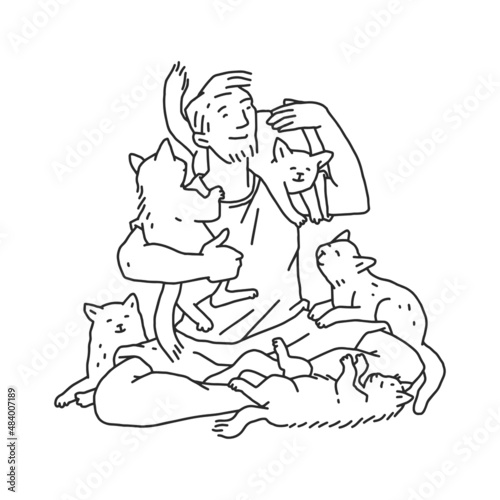 Wallpaper Mural Man with a many cats pet. Doodle black white contour line illustration. Torontodigital.ca