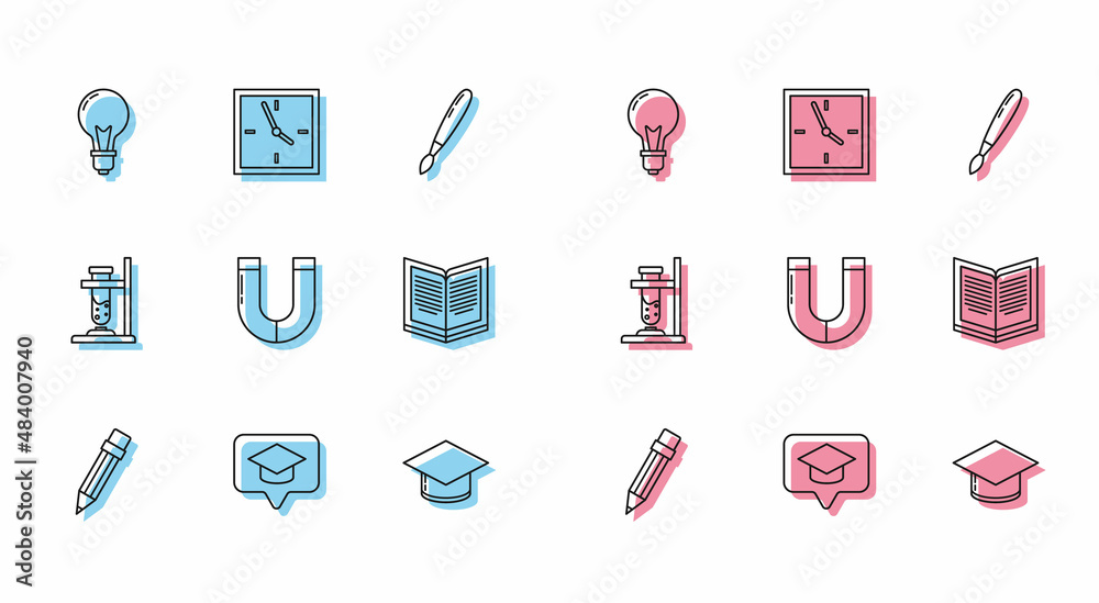 Set line Pencil with eraser, Graduation cap in speech bubble, Light bulb concept of idea, Magnet, Open book, Glass test tube flask fire and Clock icon. Vector Set line Pencil with eraser, Graduation cap in speech bubble, Light bulb concept of idea, Magnet, Open book, Glass test tube flask fire and Clock icon. Vector