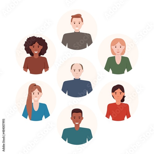 People avatar set. Male and female faces flat vector illustrations set. Cartoon women and men characters pack. Trendy appearance changing concept. People portraits, cliparts collection