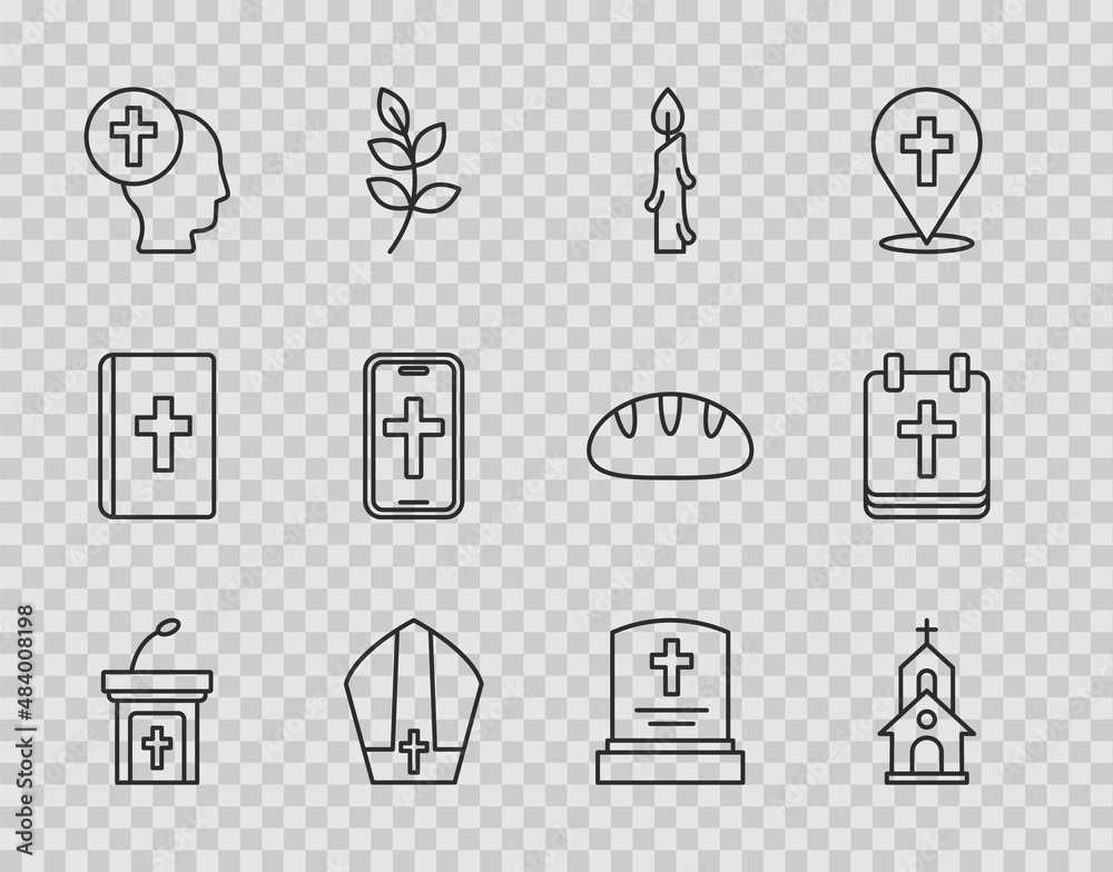 Set line Church sermon tribune, building, Burning candle, Pope hat, Priest, Christian cross phone, Grave with tombstone and Calendar Easter icon. Vector Set line Church sermon tribune, building, Burning candle, Pope hat, Priest, Christian cross phone, Grave with tombstone and Calendar Easter icon. Vector