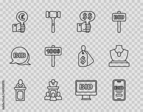Set line Auction auctioneer sells, Online, Hand holding paddle, jewelry sale, and icon. Vector