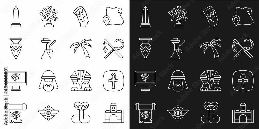 Set line Egyptian house, Cross ankh, Crook and flail, Nefertiti, Hookah, vase, Obelisk of Alexandria and Tropical palm tree icon. Vector Set line Egyptian house, Cross ankh, Crook and flail, Nefertiti, Hookah, vase, Obelisk of Alexandria and Tropical palm tree icon. Vector