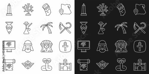 Set line Egyptian house, Cross ankh, Crook and flail, Nefertiti, Hookah, vase, Obelisk of Alexandria and Tropical palm tree icon. Vector