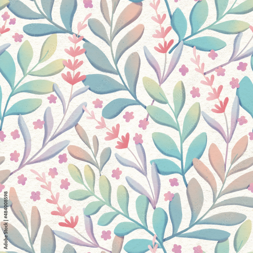 Seamless leaves pattern. Digital painting of botanical background. Hand painting floral illustration.