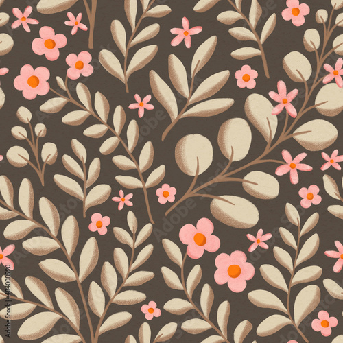 Seamless colorful floral pattern. Botanical illustration with leaves and flowers. Hand-drawn digital painting background for fabric, wallpaper, invitation, etc.