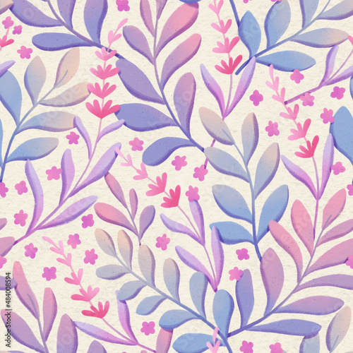 Botanical floral seamless pattern. Hand painting illustration with leaves. Stylish digital painting fabric design.