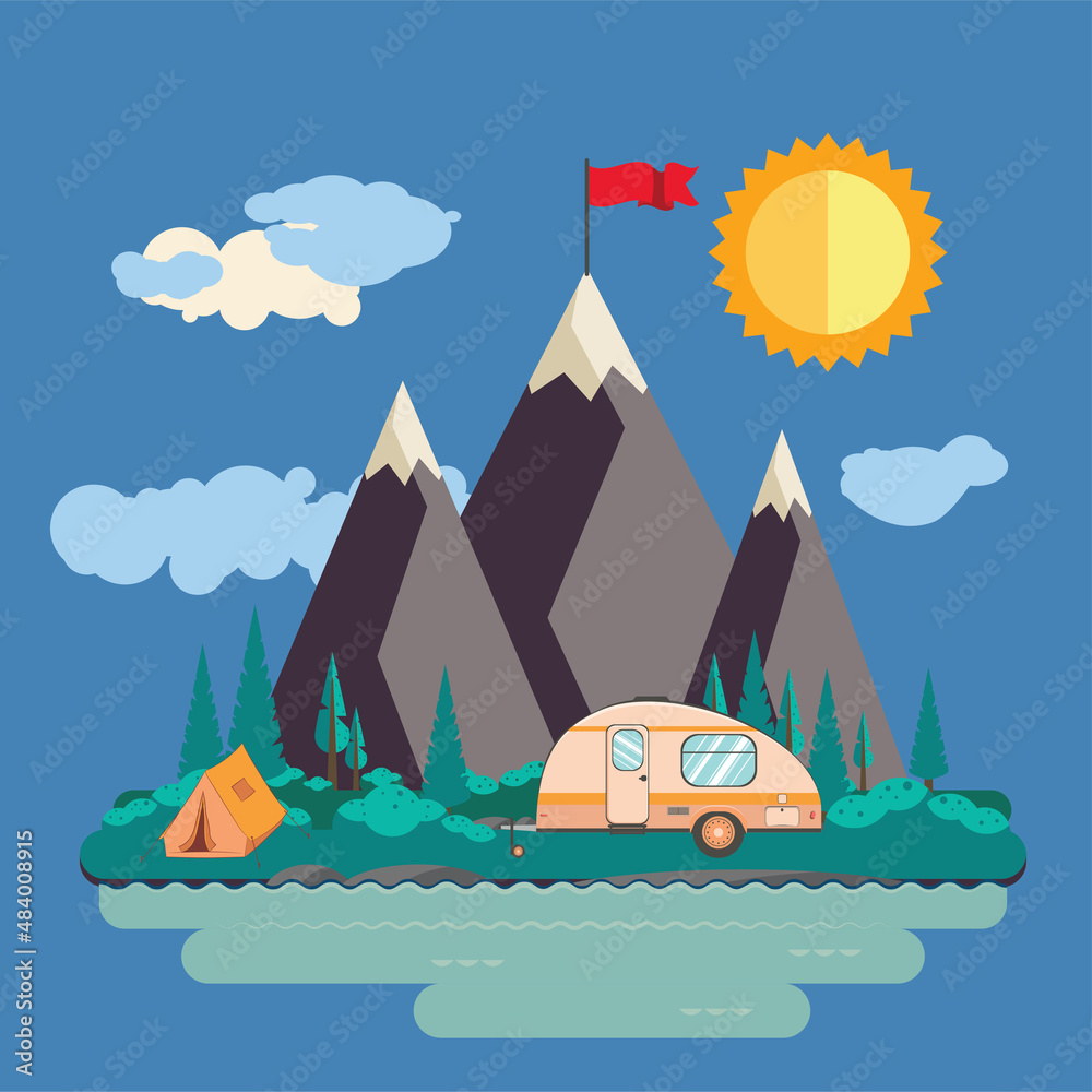 Mountains with red flag and camping tent Mountains with red flag and camping tent