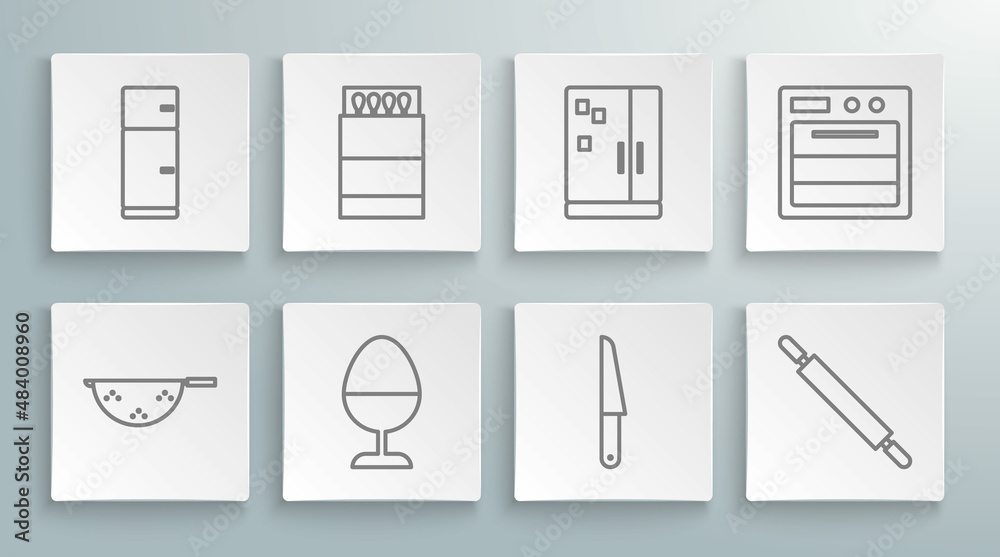 Set line Kitchen colander, Open matchbox matches, Chicken egg on stand, Knife, Rolling pin, Refrigerator, Oven and icon. Vector Set line Kitchen colander, Open matchbox matches, Chicken egg on stand, Knife, Rolling pin, Refrigerator, Oven and icon. Vector