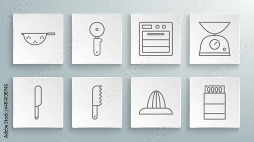 Set line Knife, Pizza knife, Bread, Citrus fruit juicer, Open matchbox and matches, Oven, Scales and Kitchen colander icon. Vector