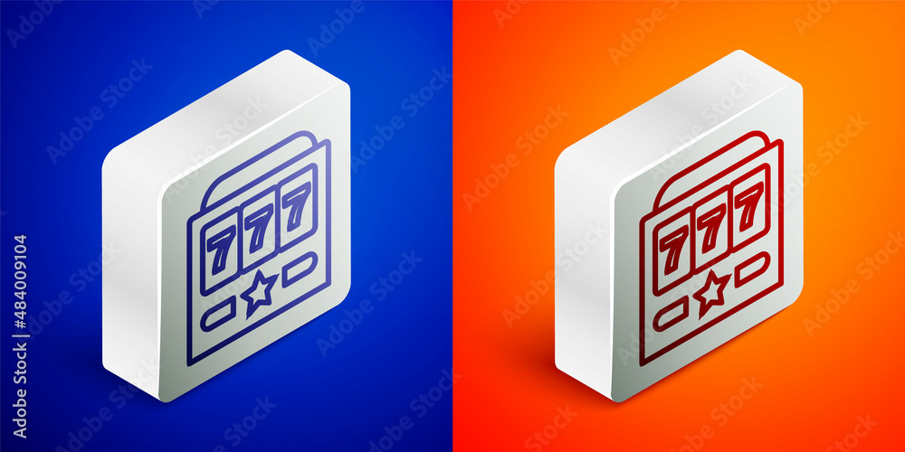 Isometric line Slot machine with lucky sevens jackpot icon isolated on blue and orange background. Silver square button. Vector