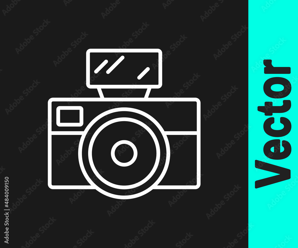 White line Photo camera with lighting flash icon isolated on black background. Foto camera. Digital photography. Vector White line Photo camera with lighting flash icon isolated on black background. Foto camera. Digital photography. Vector