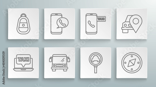 Set line Laptop call taxi service, Taxi telephone, Bus, Magnifying glass and car, Compass, Map pointer with and Car key remote icon. Vector