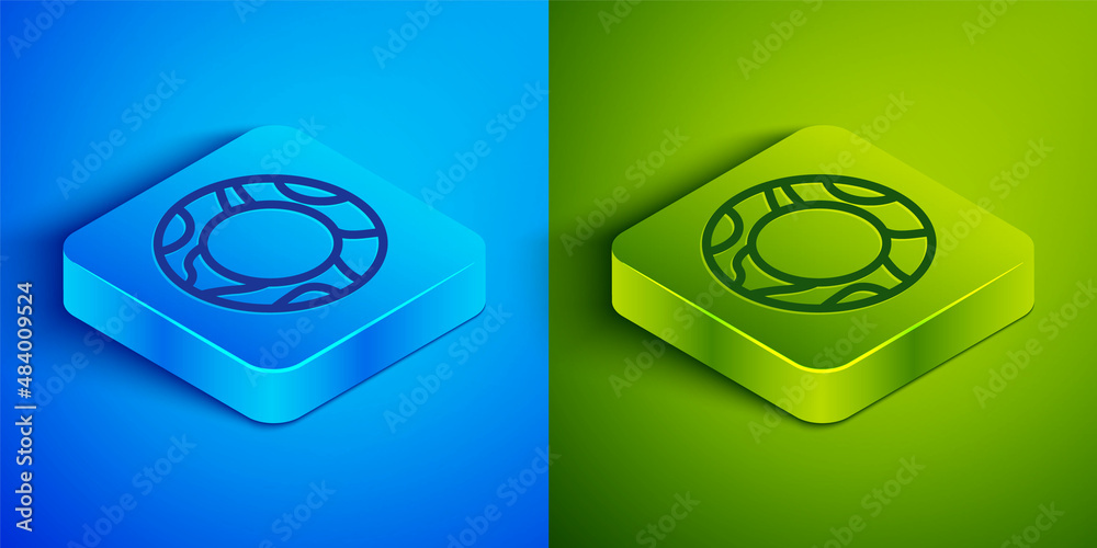 Isometric line Rubber swimming ring icon isolated on blue and green background. Life saving floating lifebuoy for beach, rescue belt for saving people. Square button. Vector Isometric line Rubber swimming ring icon isolated on blue and green background. Life saving floating lifebuoy for beach, rescue belt for saving people. Square button. Vector