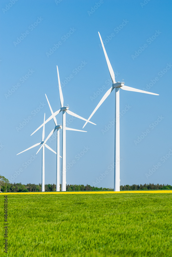 Parc éolien des Monts Bergerons dans la Somme..6 éoliennes de 2 mégawatts. Champ d'orge au 1er plan Parc éolien des Monts Bergerons dans la Somme..6 éoliennes de 2 mégawatts. Champ d'orge au 1er plan
