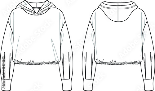 Vector woman sweatshirt with gathered hem fashion CAD, long sleeved hoodie with pile details technical drawing, template, sketch, flat. Fleece or woven fabric hoody with front, back view, white color