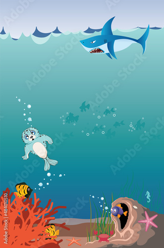 Underwater coral reef and cave